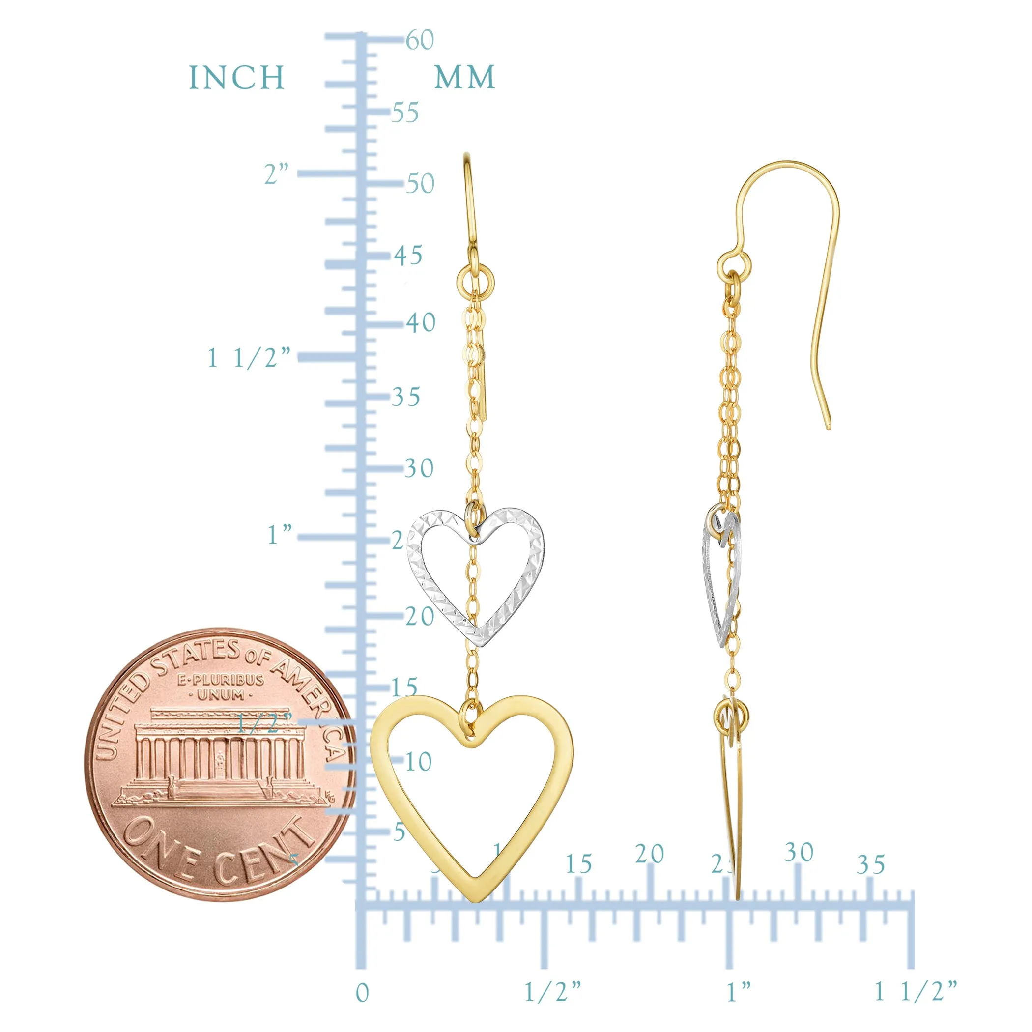 10K White And Yellow Gold Diamond Cut Heart Double Strand Drop Earrings