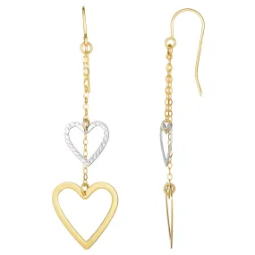 10K White And Yellow Gold Diamond Cut Heart Double Strand Drop Earrings