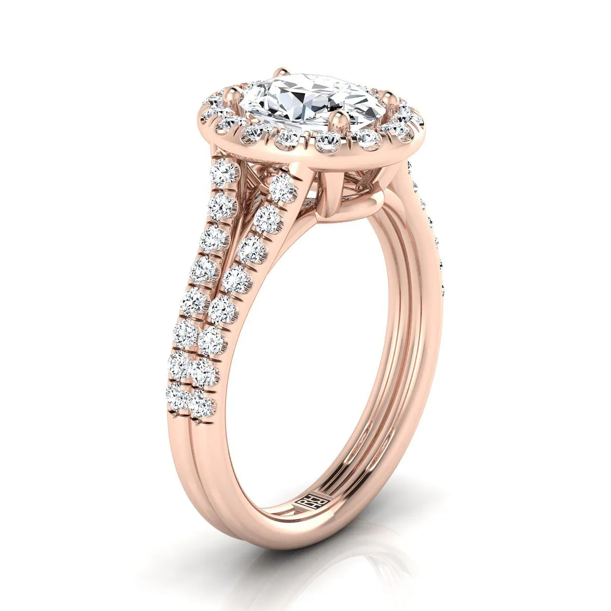 14K Rose Gold Oval Diamond French Pave Split Shank Halo Engagement Ring -5/8ctw