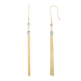 14K Two Tone Gold Diamond Cut Beads With Cable Chain Tassel Drop Earrings