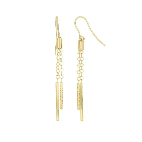 14K Yellow Gold Shiny And Diamond Cut Cylinders On Chain Drop Earrings