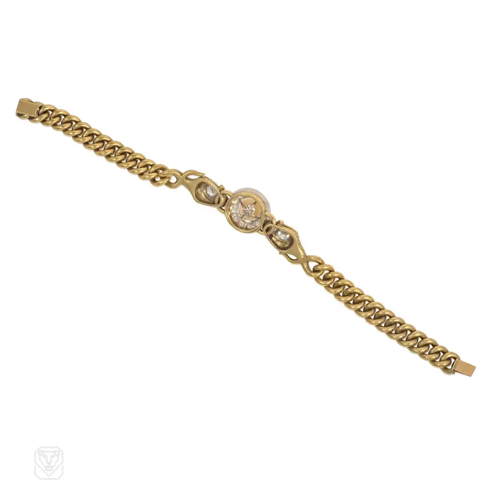 1900s French gold, diamond, and pearl snake bracelet