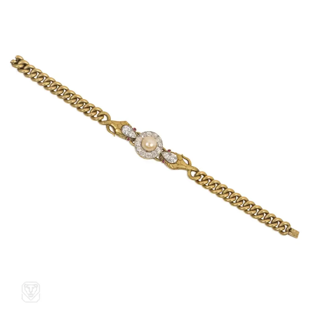 1900s French gold, diamond, and pearl snake bracelet