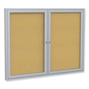 2 Door Enclosed Natural Cork Bulletin Board With Satin Frame, 60 X 36, Tan Surface, Satin Aluminum Frame