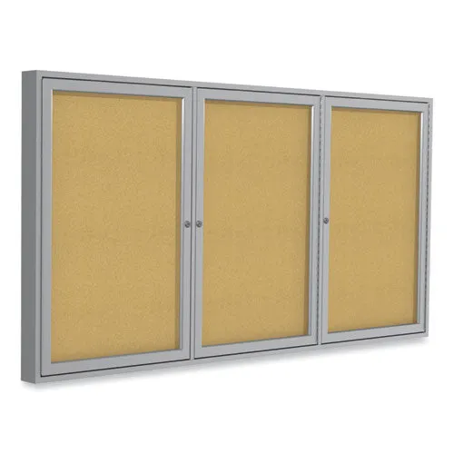 3 Door Enclosed Natural Cork Bulletin Board With Satin Frame, 72 X 48, Tan Surface, Satin Aluminum Frame