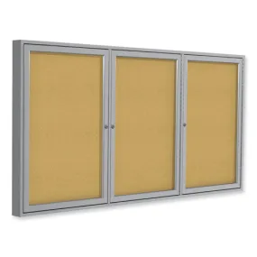 3 Door Enclosed Natural Cork Bulletin Board With Satin Frame, 96 X 48, Tan Surface, Satin Aluminum Frame