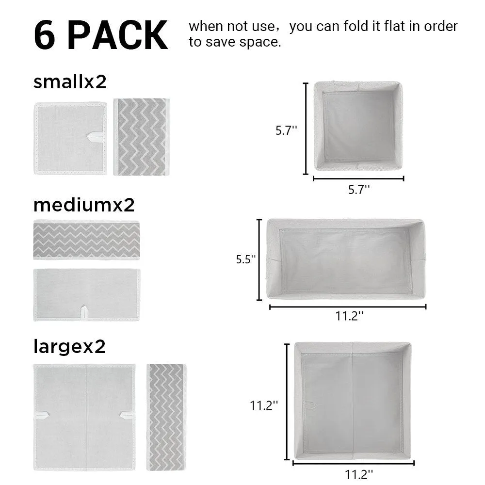 6-Piece Foldable Fabric Storage Box, Foldable Closet Organizer, Fabric Storage Cube, Dresser Drawer Organizer, Container with Drawer Divider, Clothes,Socks, Underwear Storage Box, White