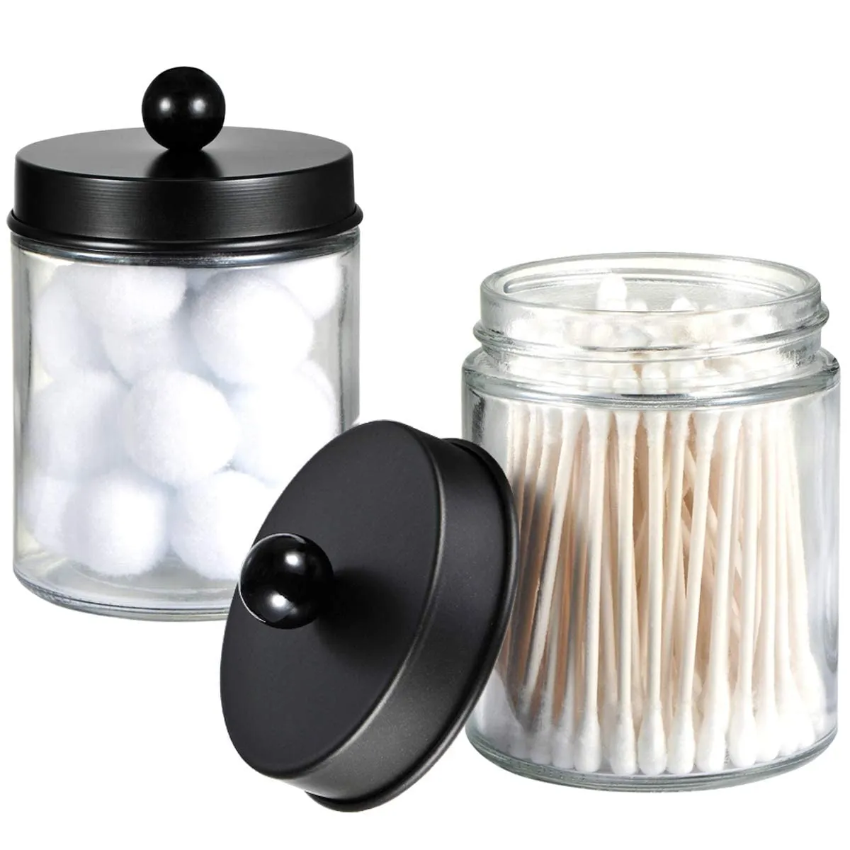 Amolliar 4 Pack Apothecary Jars Bathroom Vanity Storage Organizer Set -Countertop Canister with Stainless Steel Lids &Cute Stickers - Qtip Dispenser Holder for Qtips,Cotton Swabs,Makeup Sponges(Black)