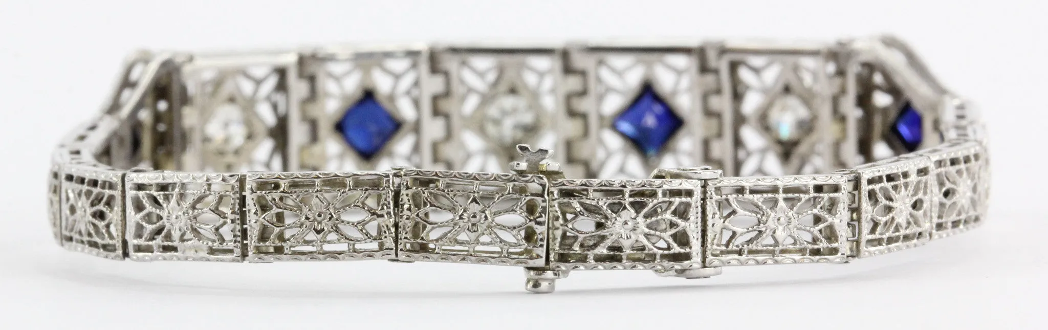 Antique Art Deco 14k White Gold Old Mine Diamond & Sapphire Bracelet