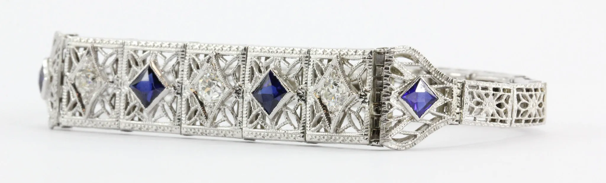 Antique Art Deco 14k White Gold Old Mine Diamond & Sapphire Bracelet