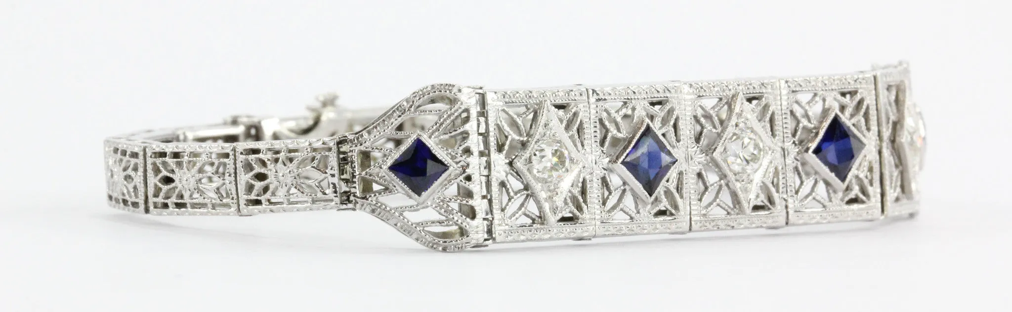 Antique Art Deco 14k White Gold Old Mine Diamond & Sapphire Bracelet