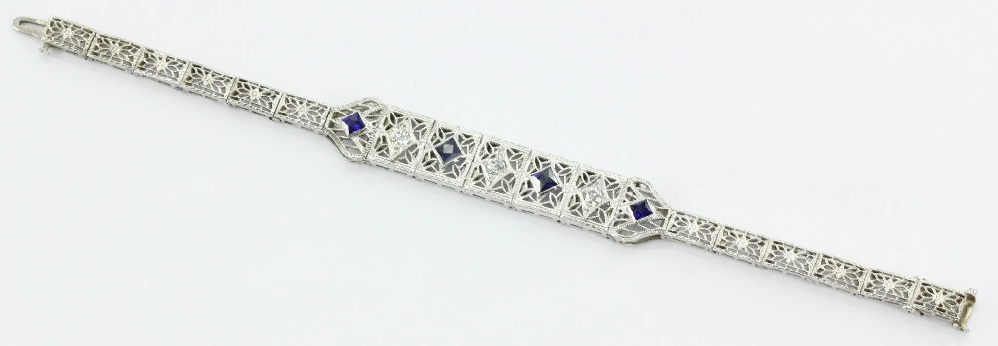 Antique Art Deco 14k White Gold Old Mine Diamond & Sapphire Bracelet