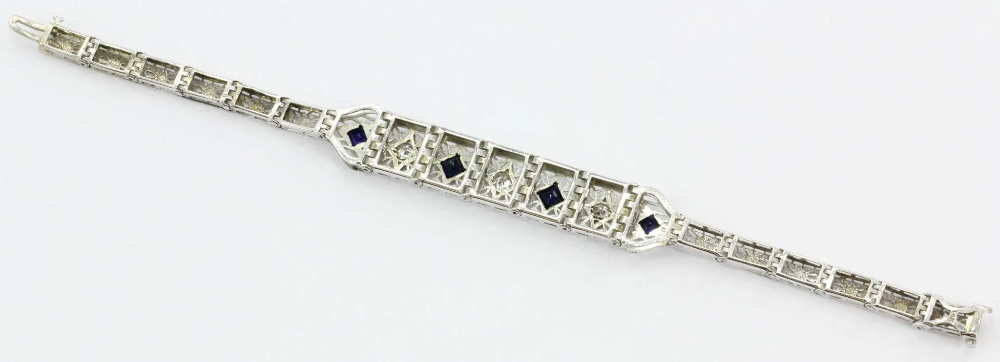 Antique Art Deco 14k White Gold Old Mine Diamond & Sapphire Bracelet