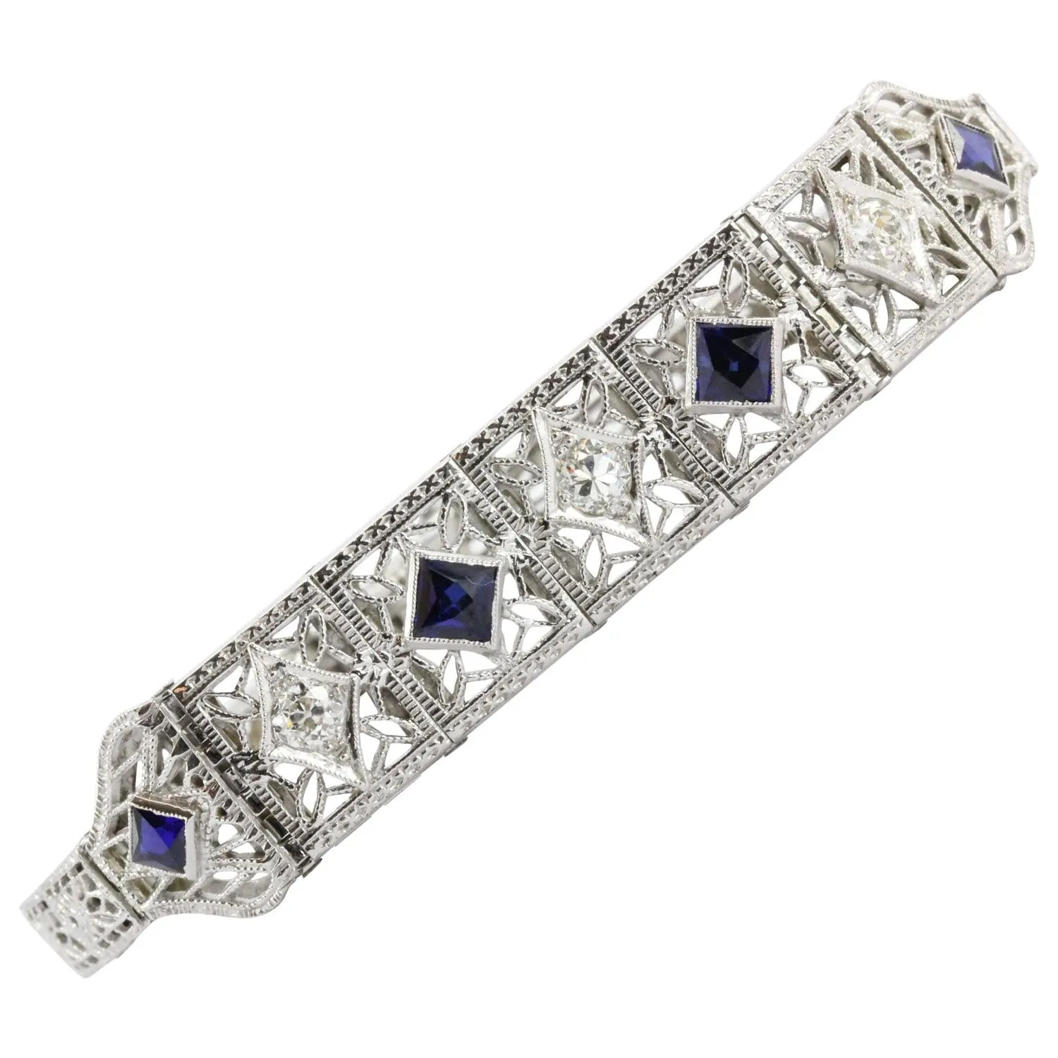 Antique Art Deco 14k White Gold Old Mine Diamond & Sapphire Bracelet