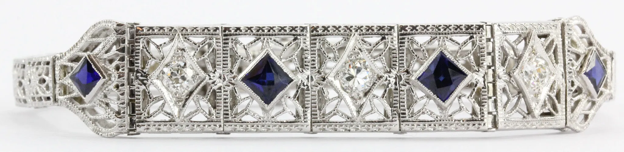 Antique Art Deco 14k White Gold Old Mine Diamond & Sapphire Bracelet