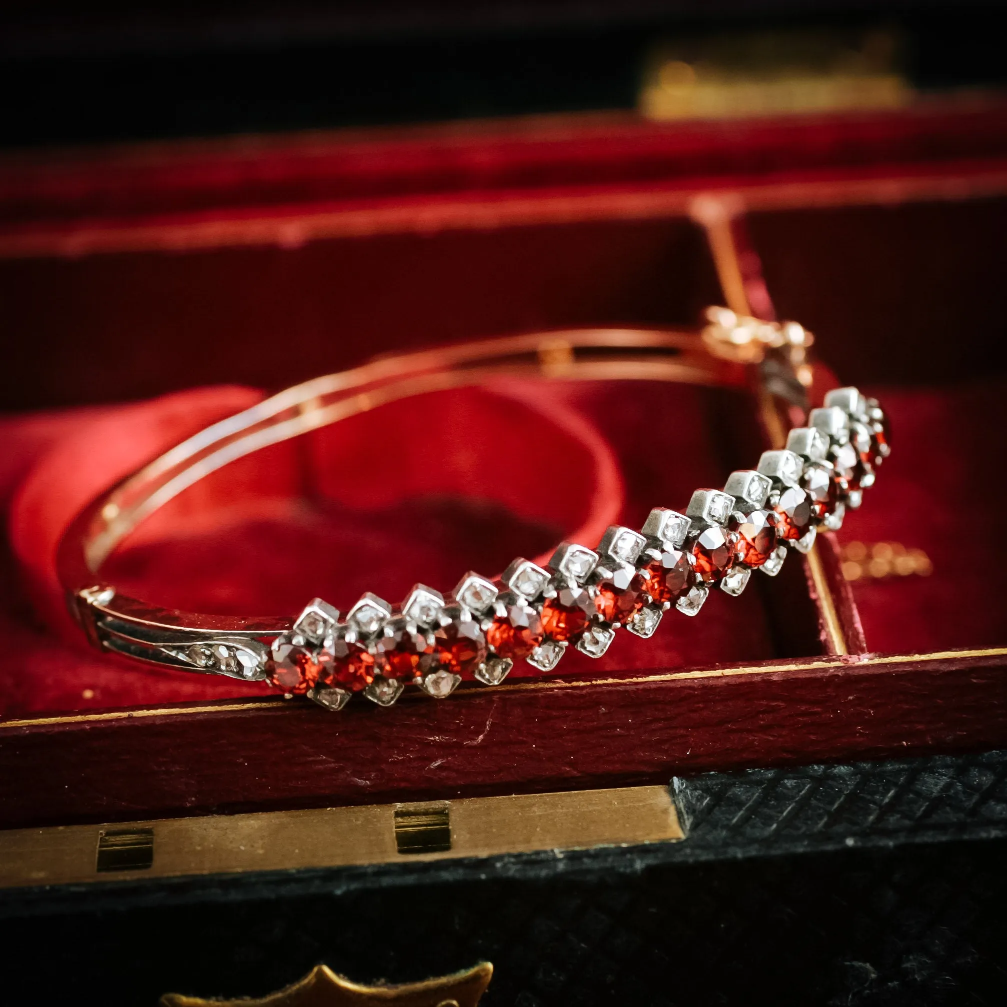 Antique Date 1895 Hessonite Garnet and Rose-cut Diamond Bangle Bracelet