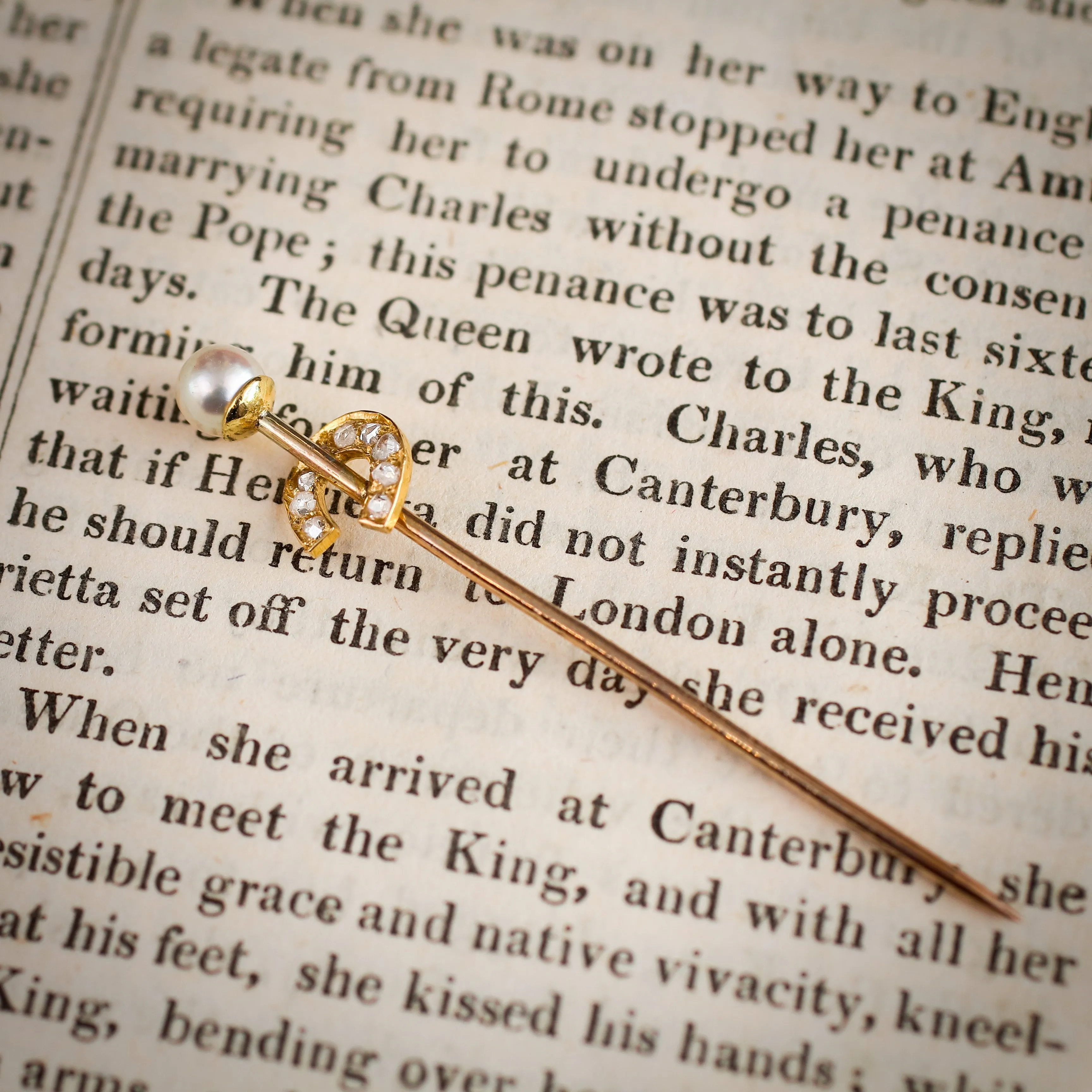 Antique Lucky Horseshoe Diamond and Natural Pearl Stick Pin