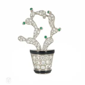 Art Deco diamond and enamel cactus brooch