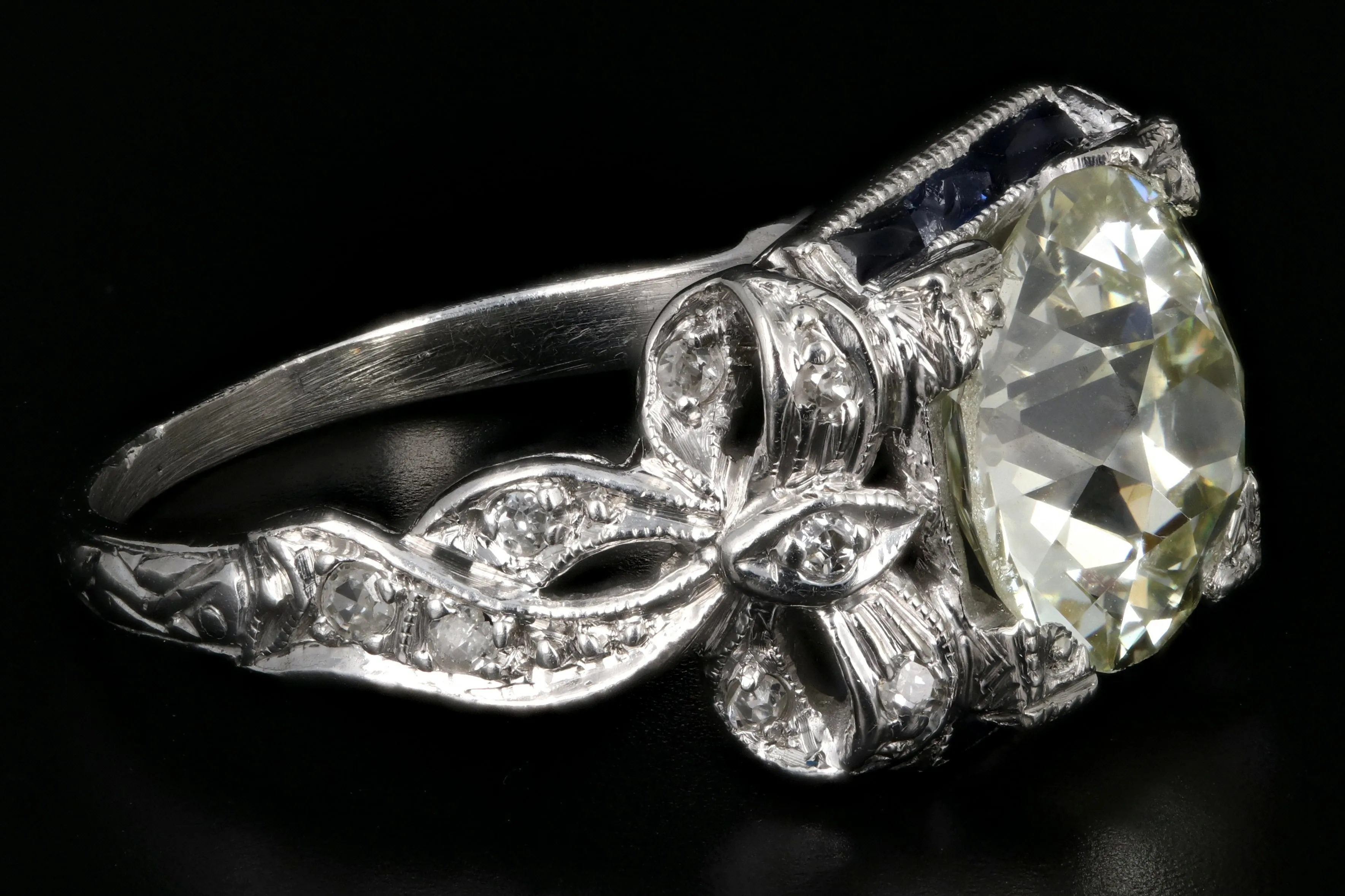 Art Deco Platinum 2.78CT Old European Cut Diamond and Sapphire Ribbon Engagement Ring GIA Certified