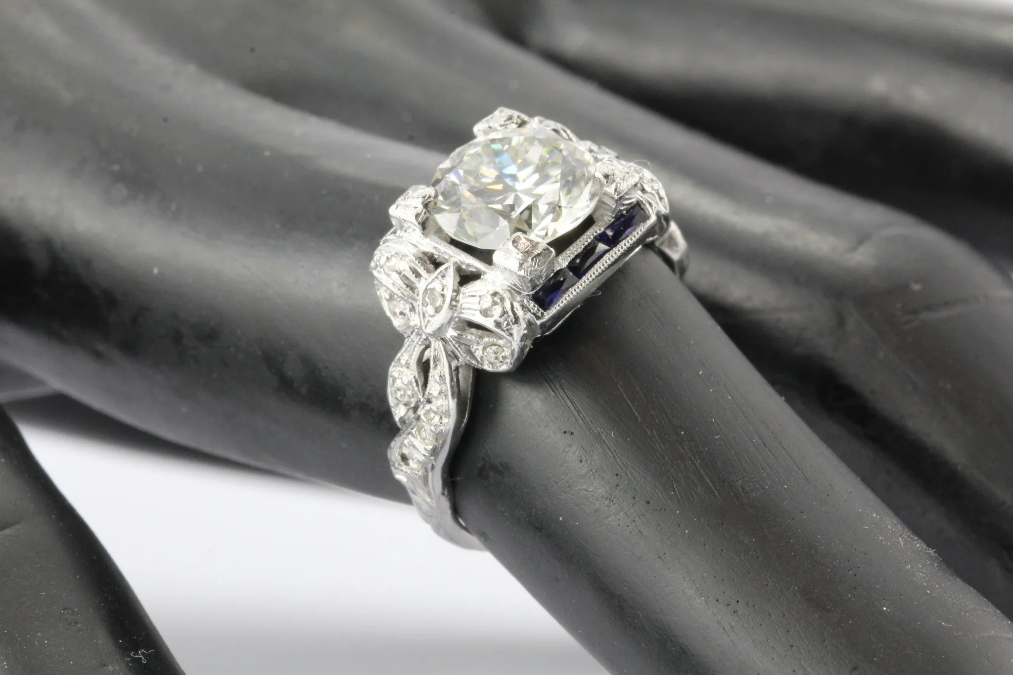 Art Deco Platinum GIA 2.09 Carat Diamond Sapphire Ribbon Engagement Ring