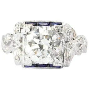 Art Deco Platinum GIA 2.09 Carat Diamond Sapphire Ribbon Engagement Ring