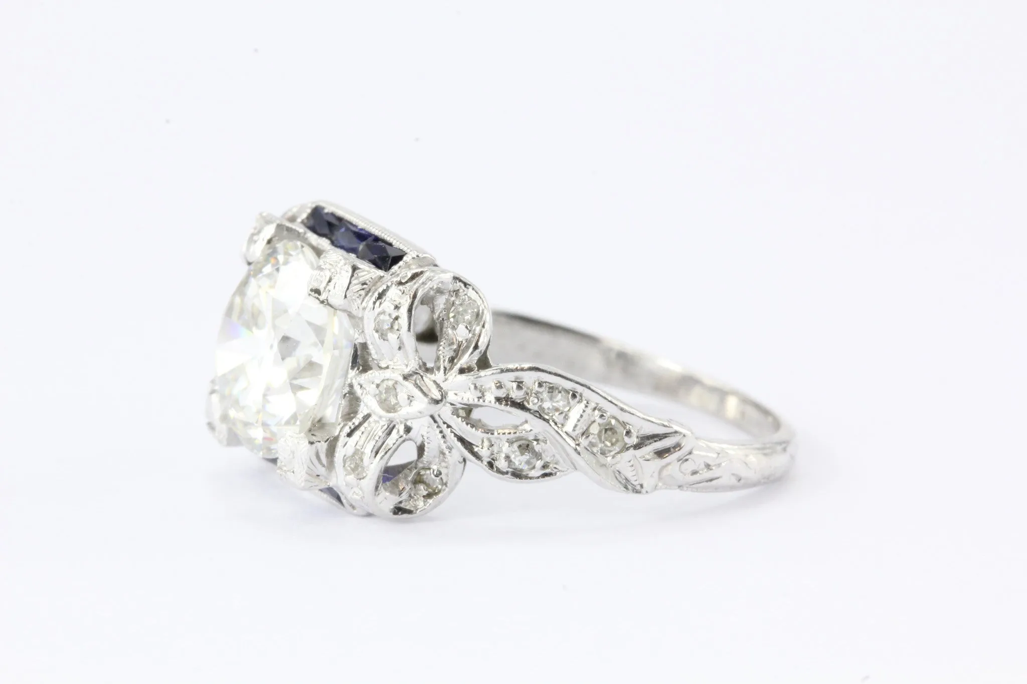 Art Deco Platinum GIA 2.09 Carat Diamond Sapphire Ribbon Engagement Ring