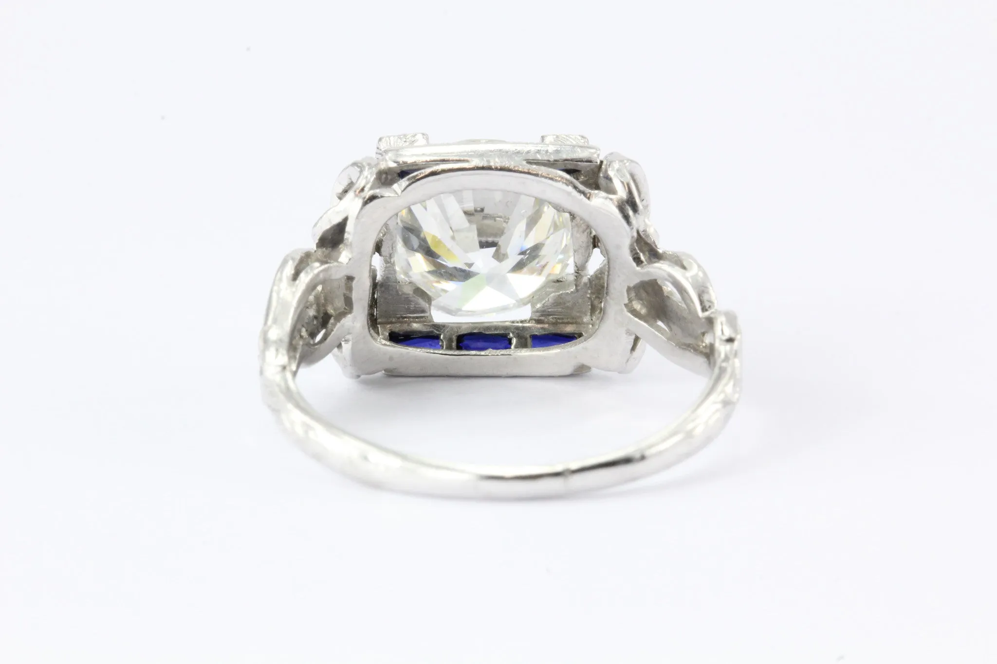 Art Deco Platinum GIA 2.09 Carat Diamond Sapphire Ribbon Engagement Ring