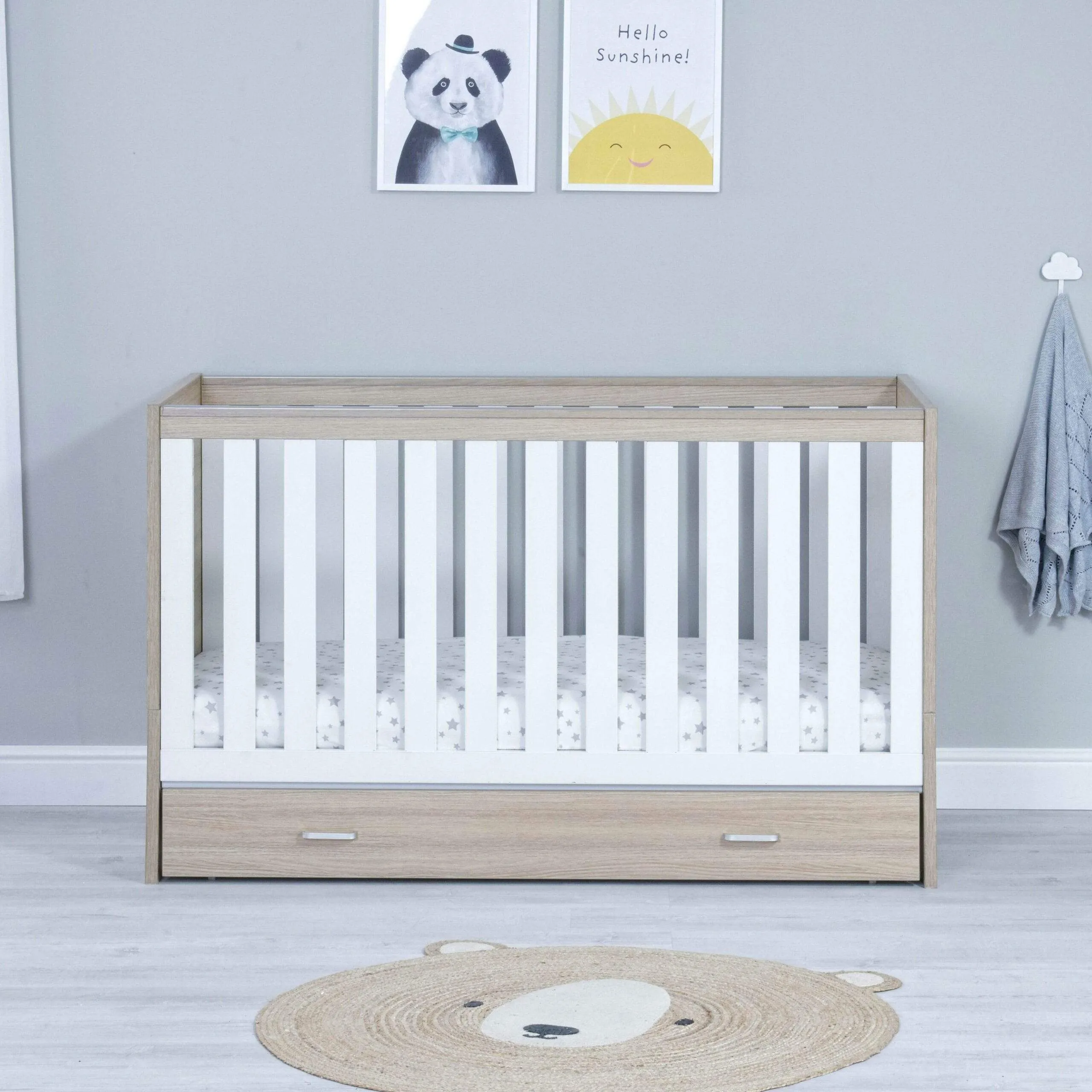 Babymore Veni Cot Bed With Drawer - White Oak