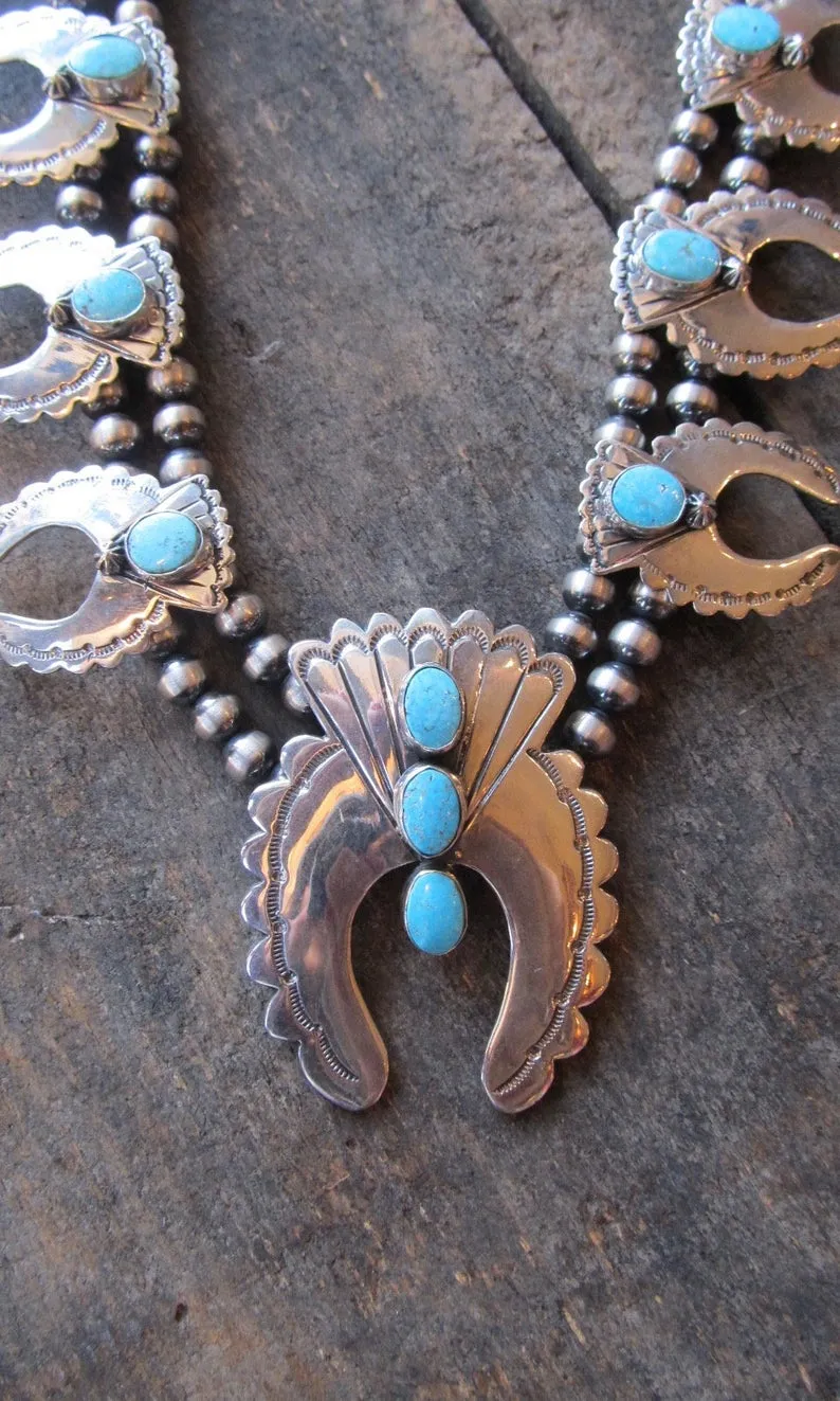 BEST OF THE WEST Silver and Turquoise Naja Squash Blossom Necklace