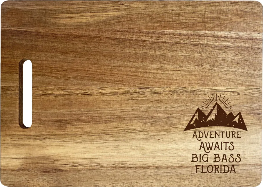 Big Bass  Florida Camping Souvenir Engraved Wooden Cutting Board 14 x 10 Acacia Wood Adventure Awaits Design