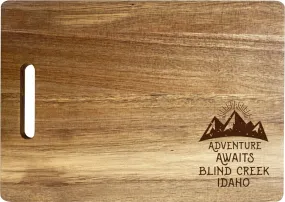 Blind Creek  Idaho Camping Souvenir Engraved Wooden Cutting Board 14 x 10 Acacia Wood Adventure Awaits Design