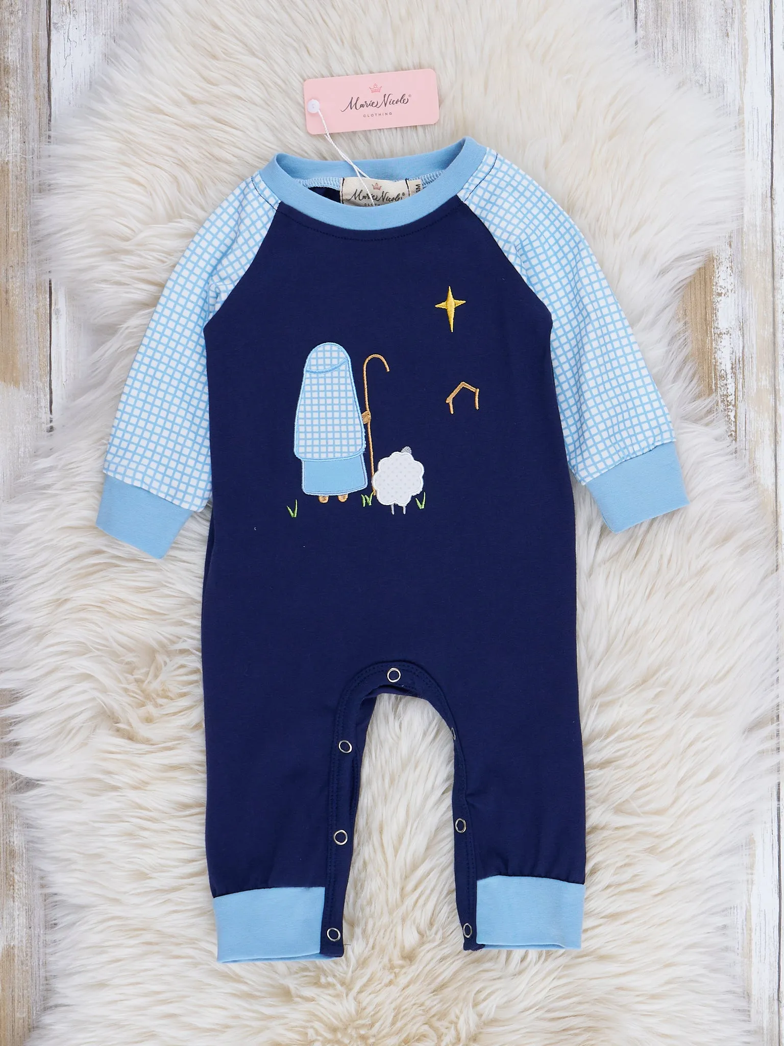 Blue Gingham Embroidered Nativity Raglan Romper