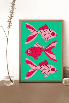 Bold Graphic Three Goldfish Giclée Art Print Poster (Green)