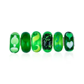 Bundle Set of Six Green Murano Glass Bead Charm .925Sterling Silver