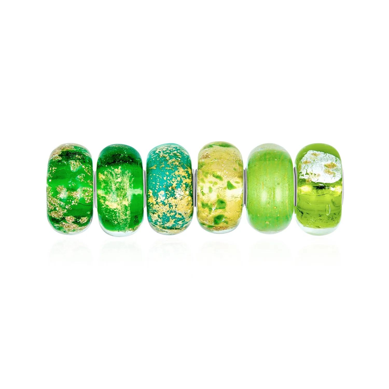 Bundle Set of Six Green Murano Glass Bead Charm .925Sterling Silver