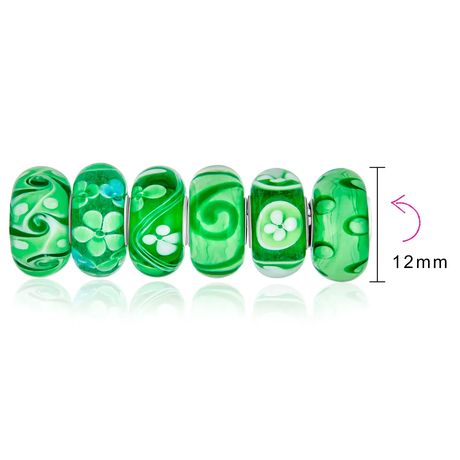 Bundle Set of Six Green Murano Glass Bead Charm .925Sterling Silver