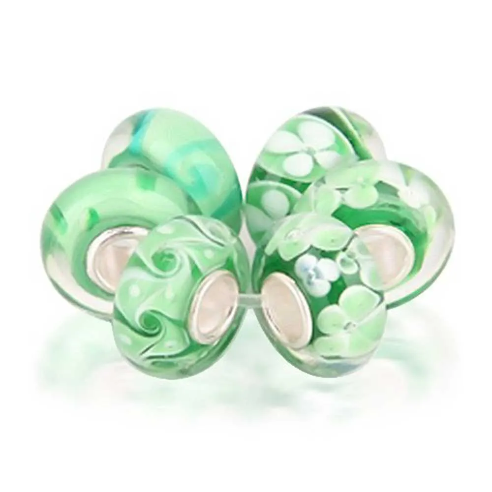 Bundle Set of Six Green Murano Glass Bead Charm .925Sterling Silver