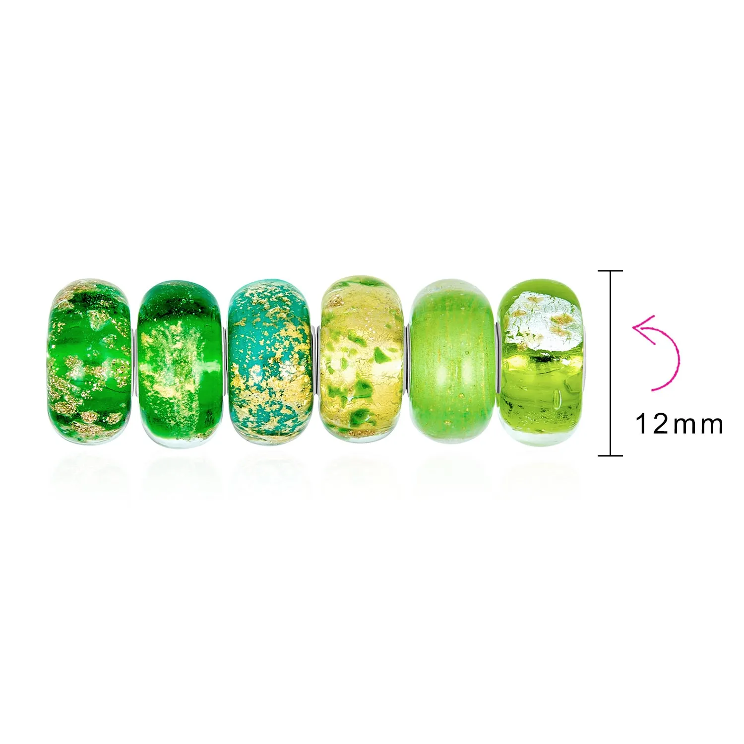 Bundle Set of Six Green Murano Glass Bead Charm .925Sterling Silver