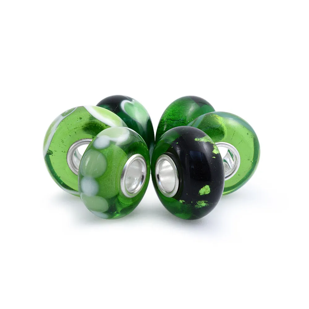 Bundle Set of Six Green Murano Glass Bead Charm .925Sterling Silver