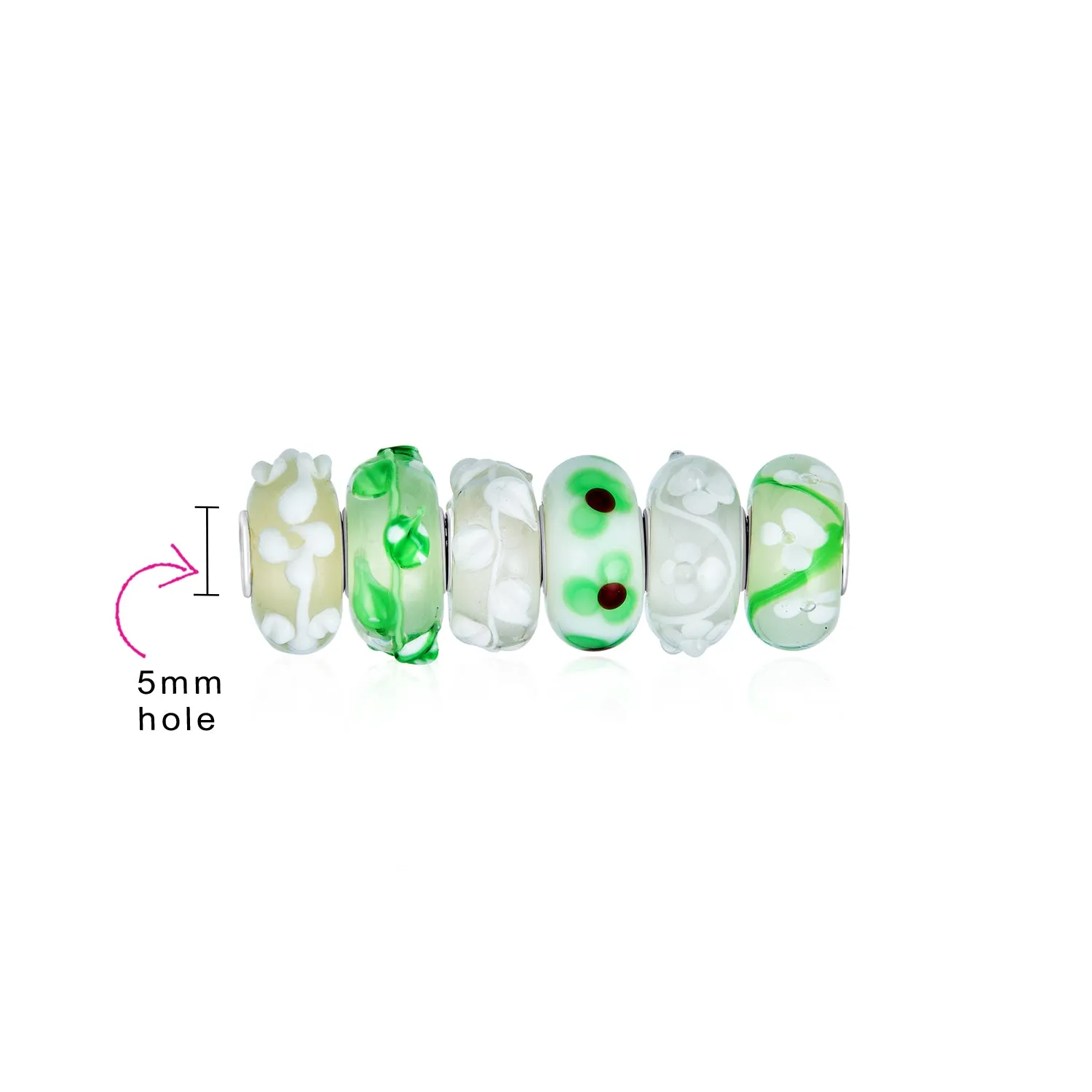 Bundle Set of Six Green Murano Glass Bead Charm .925Sterling Silver