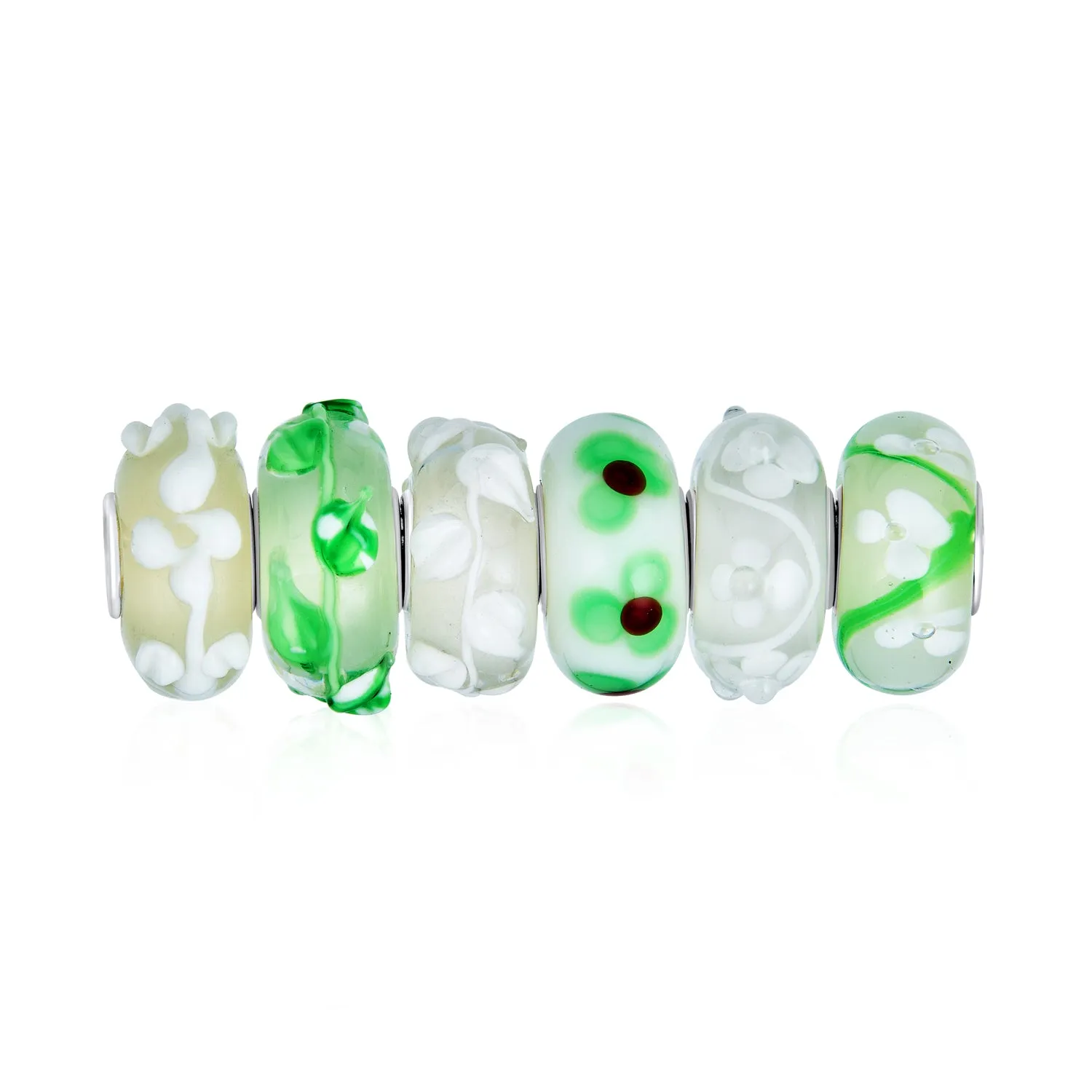 Bundle Set of Six Green Murano Glass Bead Charm .925Sterling Silver