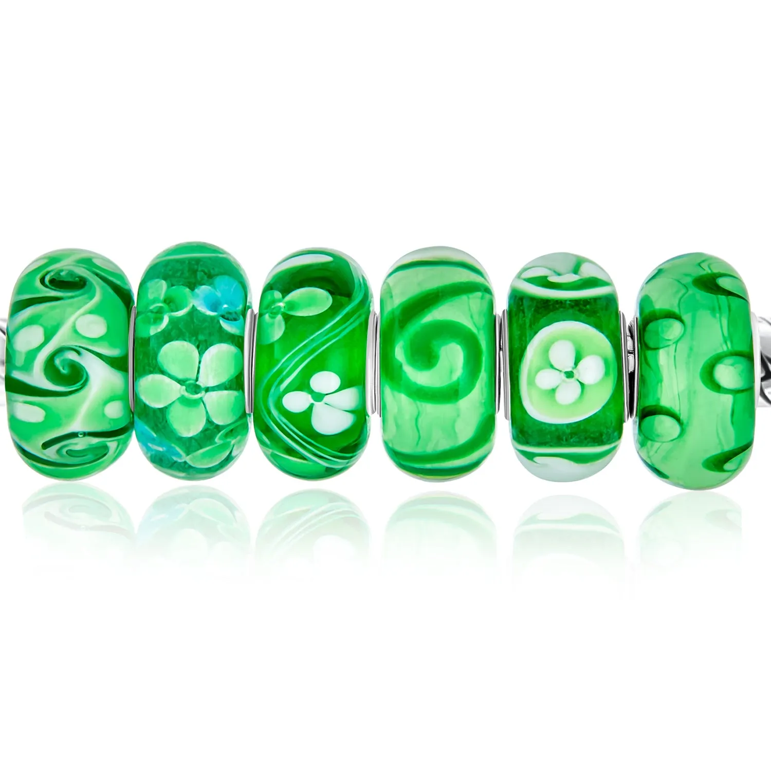 Bundle Set of Six Green Murano Glass Bead Charm .925Sterling Silver