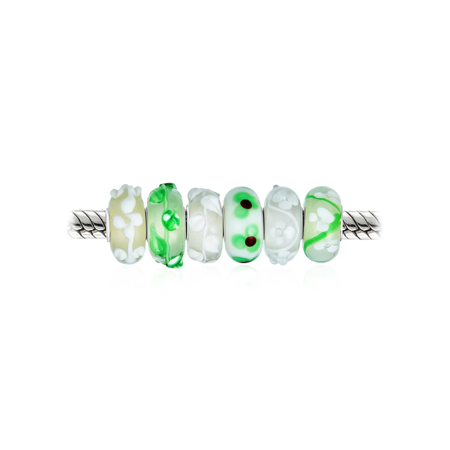 Bundle Set of Six Green Murano Glass Bead Charm .925Sterling Silver