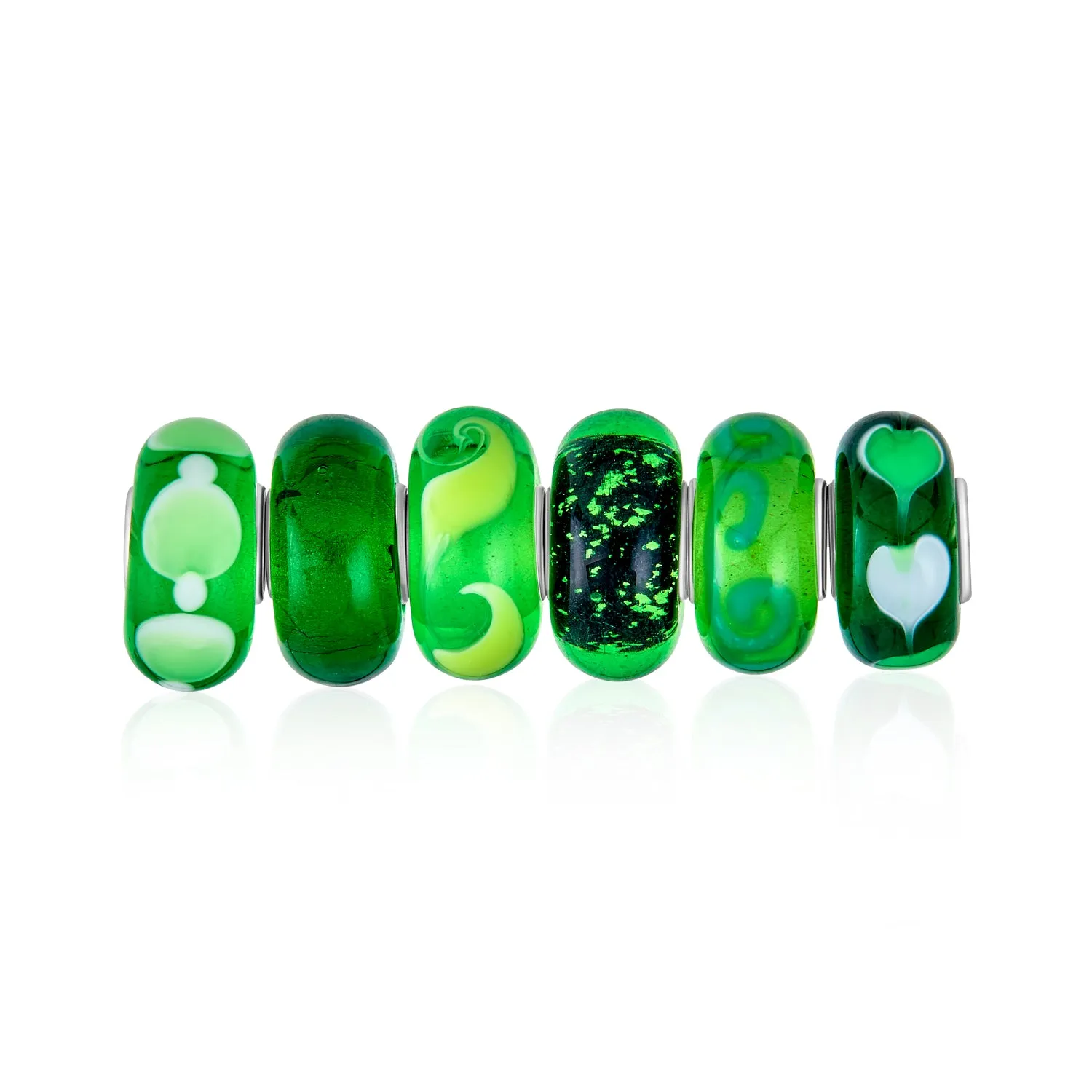 Bundle Set of Six Green Murano Glass Bead Charm .925Sterling Silver