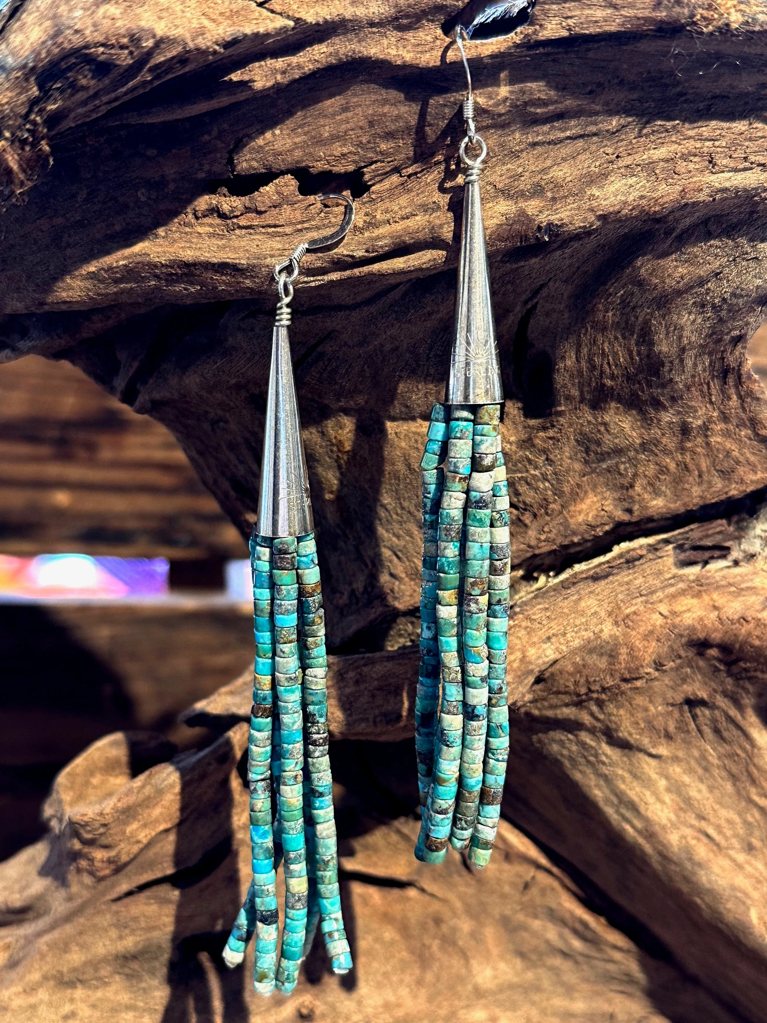 CORRAINE SMITH Navajo Kingman Turquoise Beaded Fringe Dangle Earrings