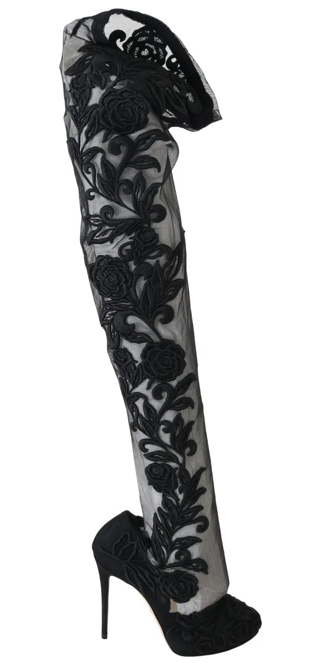 Dolce & Gabbana Black Floral Embroidered Socks Women's Boots