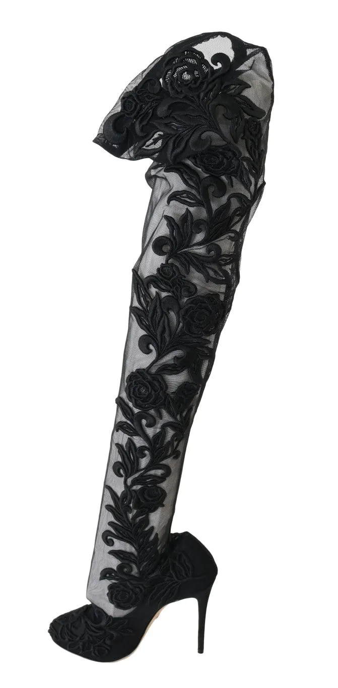 Dolce & Gabbana Black Floral Embroidered Socks Women's Boots