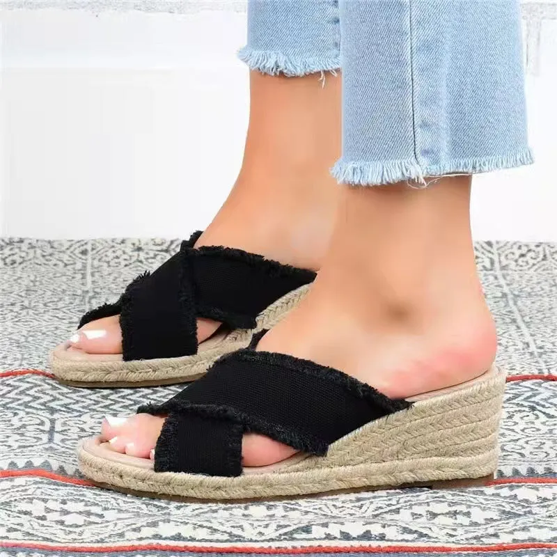 elveswallet Denim and Linen Lightweight Wedge Slippers