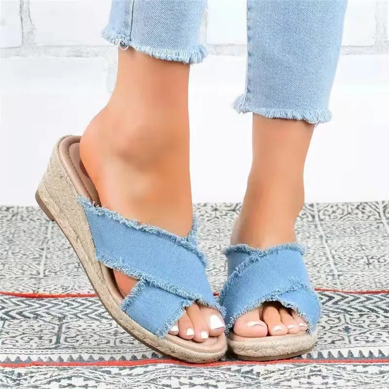 elveswallet Denim and Linen Lightweight Wedge Slippers