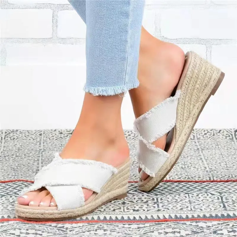 elveswallet Denim and Linen Lightweight Wedge Slippers